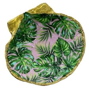Hand Crafted Tropical Palm Leaf Print Trinket Shell Dish Green